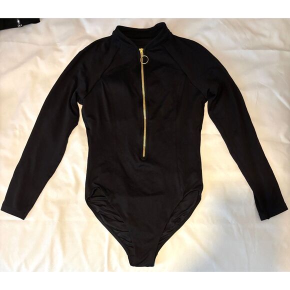 EUC Seafolly Collective Zip Front Surfsuit Rashguard, Black w/ Gold Zip, Sz 12 - Picture 3 of 7